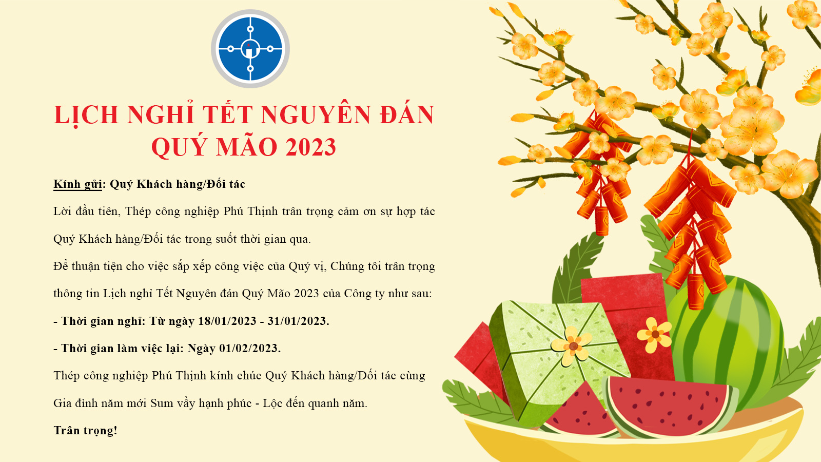 Lịch nghỉ tết Quý Mão 2023 - Thép công nghiệp Phú Thịnh
